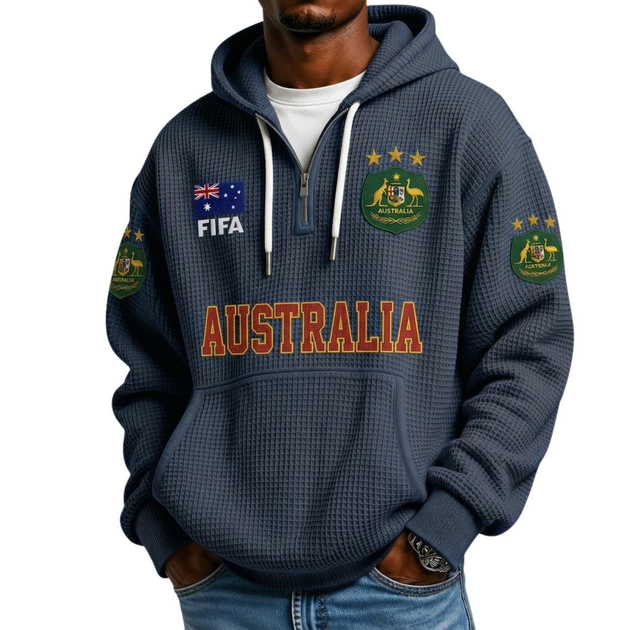 FIFA 2026 Australia Printed Waffle Quarter Zip Football Fan Hoodie