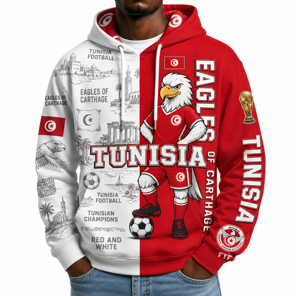 Tunisia Football Themed All Over Printed Hoodie