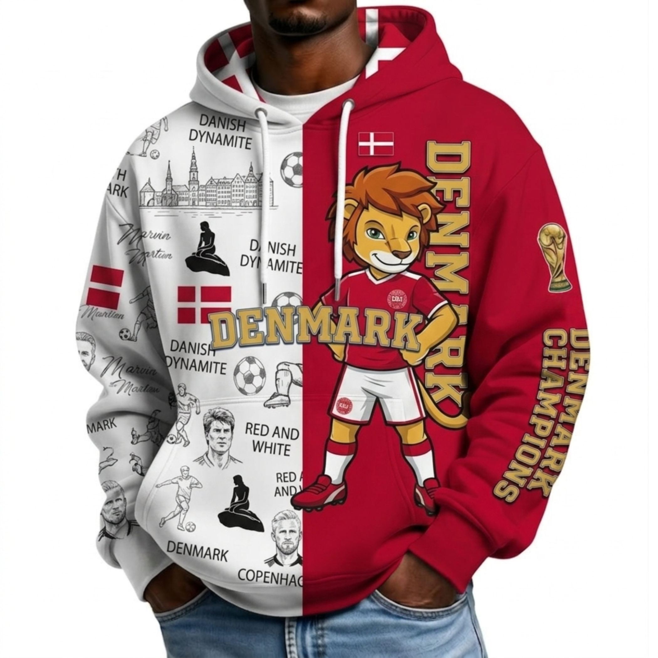 Denmark Football Themed All Over Printed Hoodie