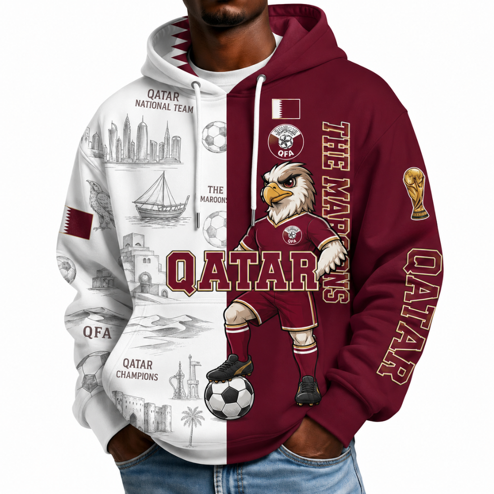 Qatar Football Themed All Over Printed Hoodie