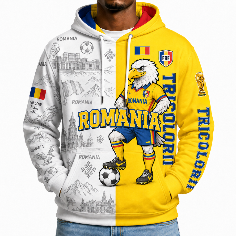 Romania Football Themed All Over Printed Hoodie