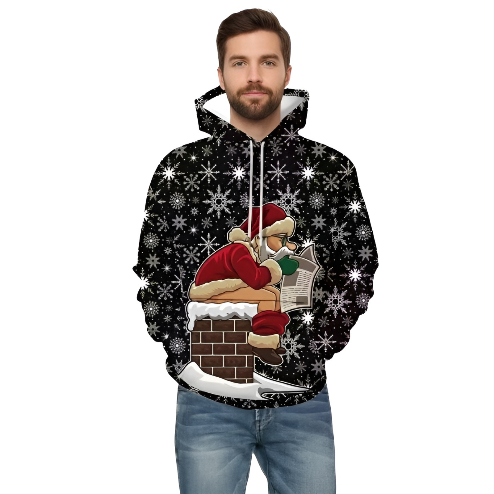 Black with Red and White Holiday Print Christmas Santa Claus Hoodie for Men