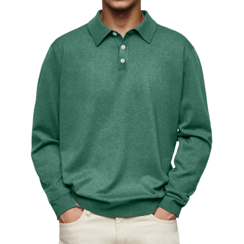 Modern Collared Pullover Featuring Button Closure Dark Green