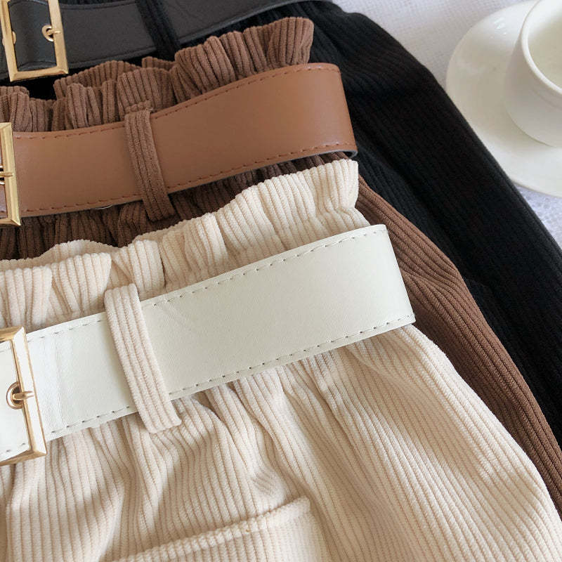 Women Corduroy Casual Straight Shorts With Belt-Soco Hoodie