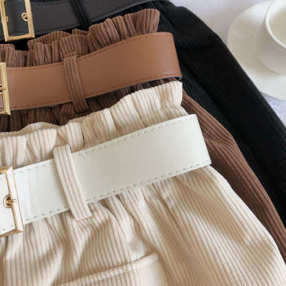Women Corduroy Casual Straight Shorts With Belt-Soco Hoodie