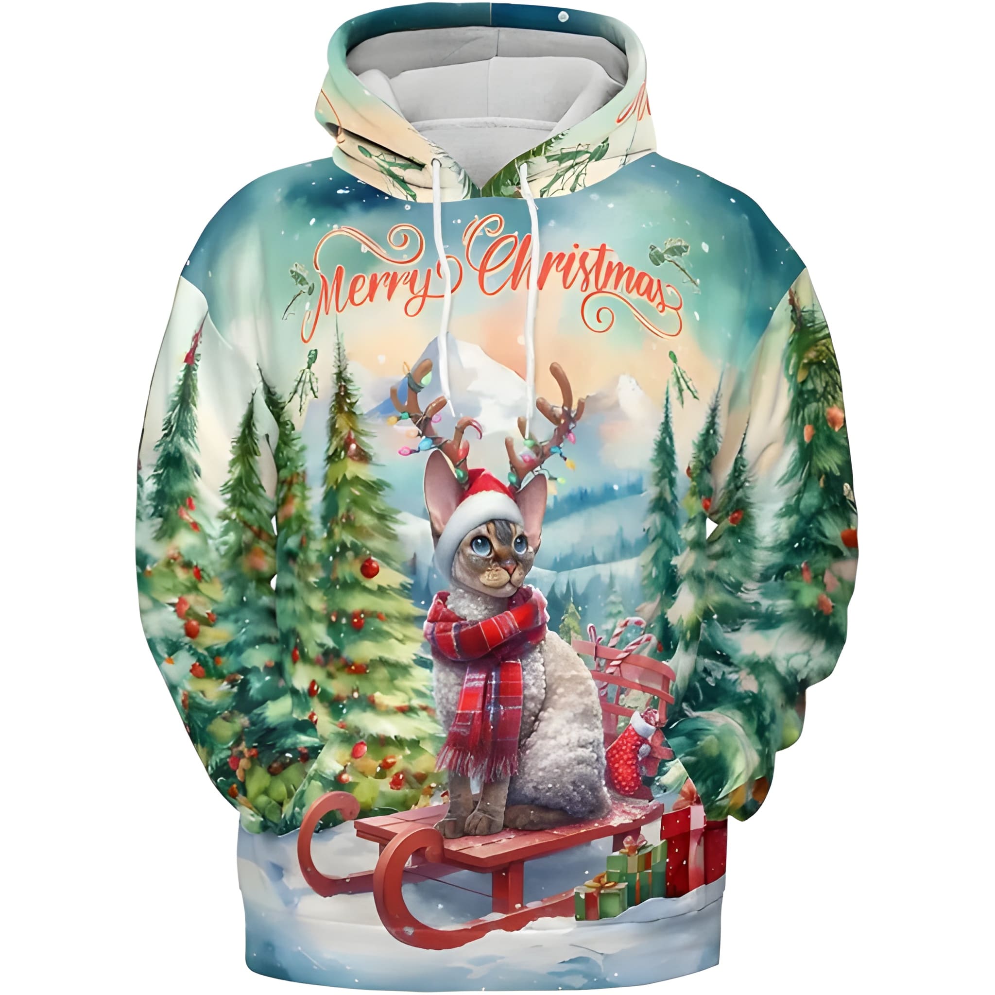 Merry Christmas Cat Reindeer Antler Hoodie Sweatshirt