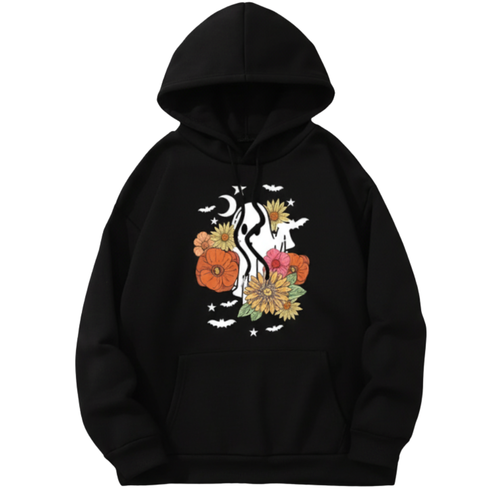Seasonal Floral Print Kangaroo Pocket Hoodie