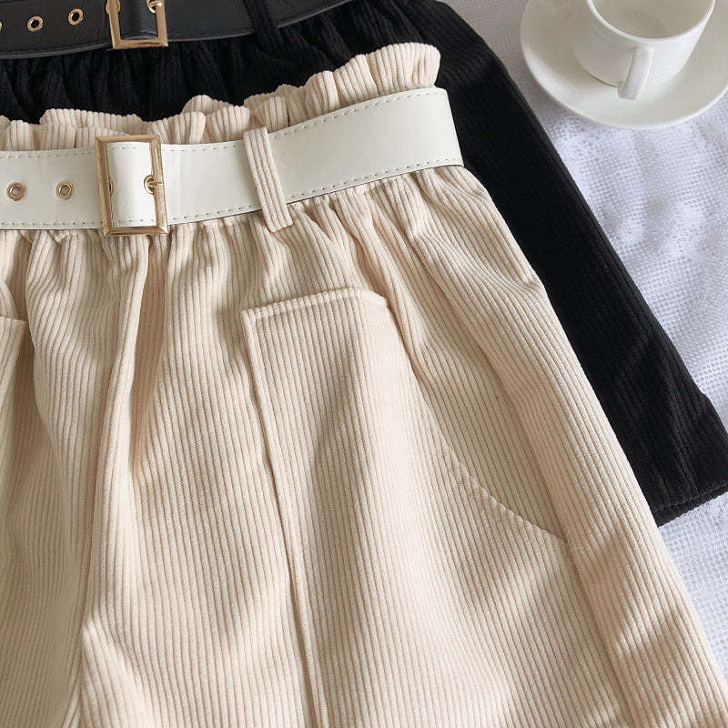 Women Corduroy Casual Straight Shorts With Belt-Soco Hoodie