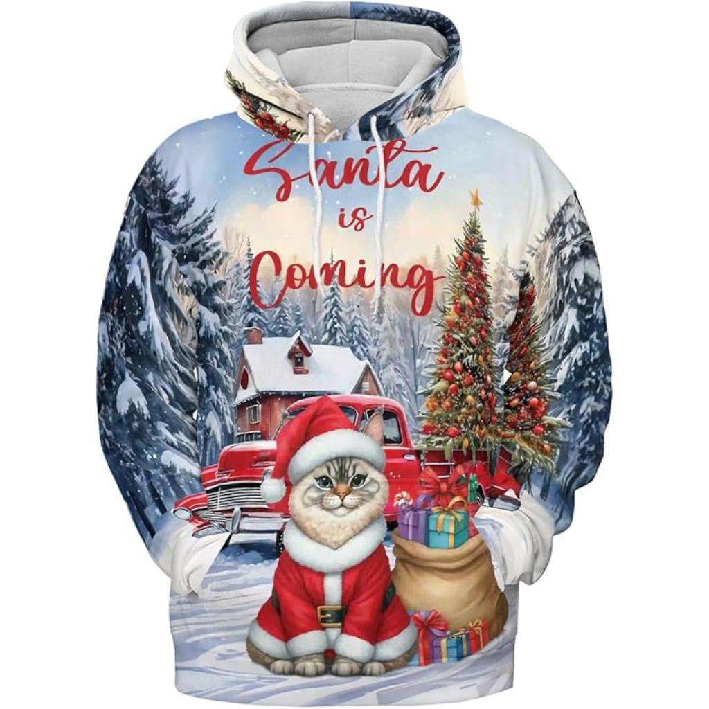Christmas Cat Graphic Printed Hoodie