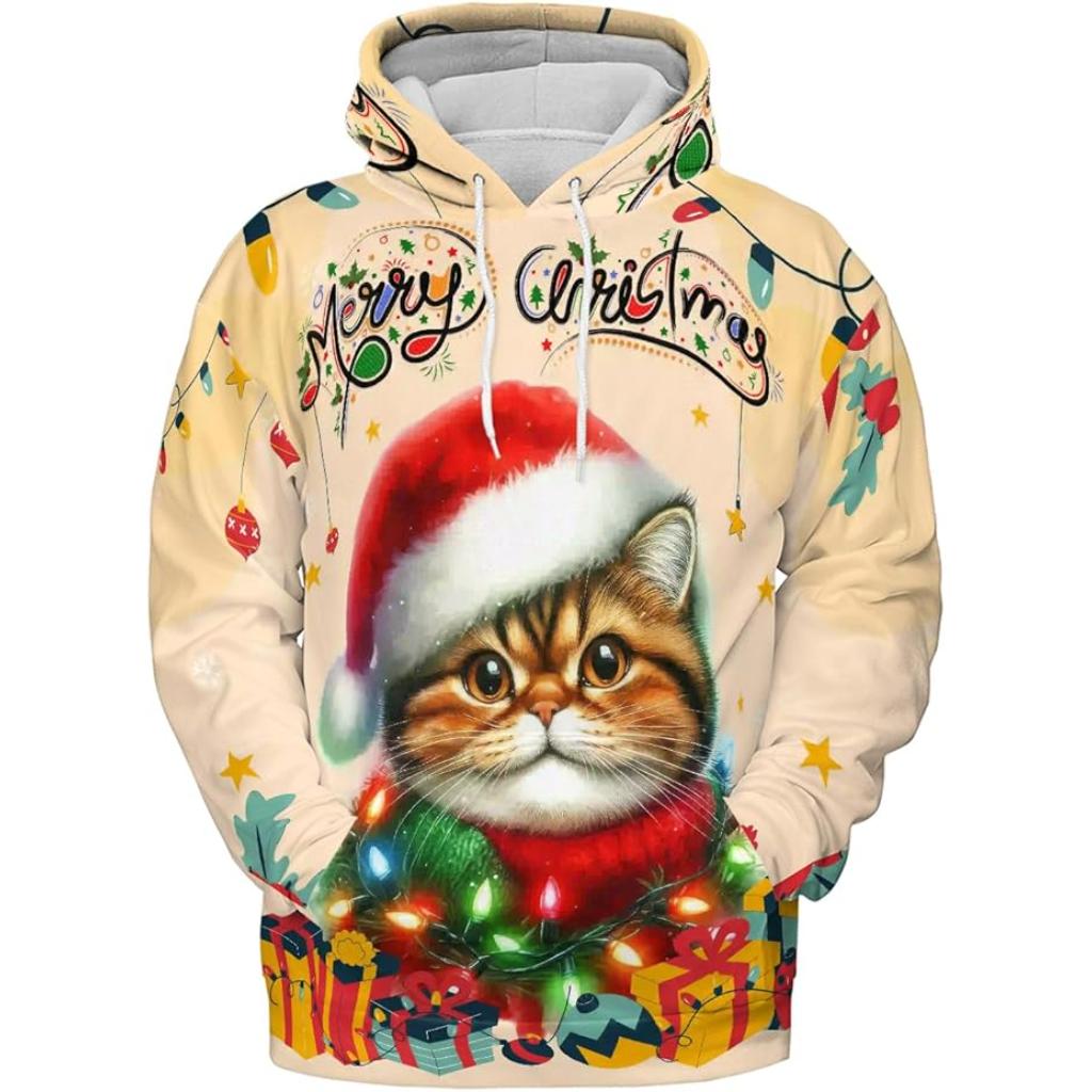 Christmas Cat Twinkling Lights All Over Print 3D Hoodie