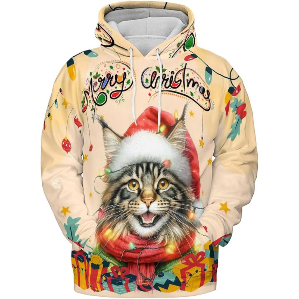 Christmas Cat Twinkling Lights All Over Print 3D Hoodie