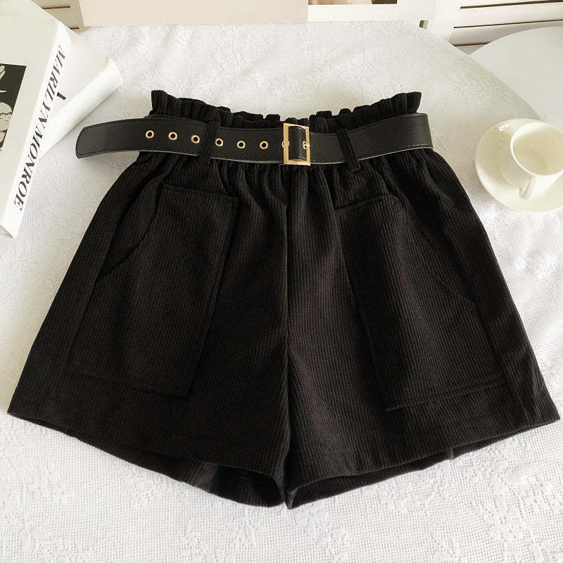 Women Corduroy Casual Straight Shorts With Belt-Soco Hoodie