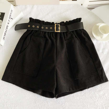 Women Corduroy Casual Straight Shorts With Belt-Soco Hoodie