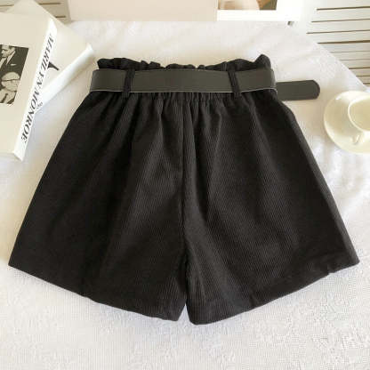 Women Corduroy Casual Straight Shorts With Belt-Soco Hoodie
