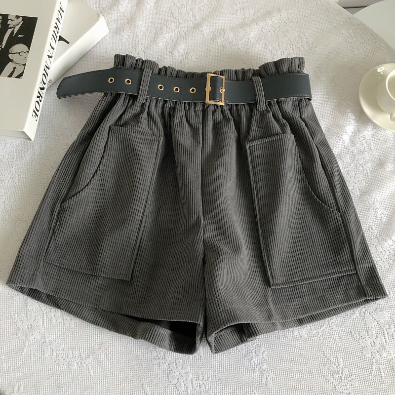 Women Corduroy Casual Straight Shorts With Belt-Soco Hoodie