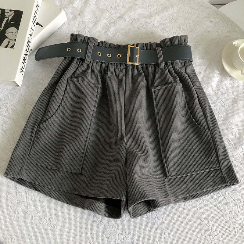 Women Corduroy Casual Straight Shorts With Belt-Soco Hoodie