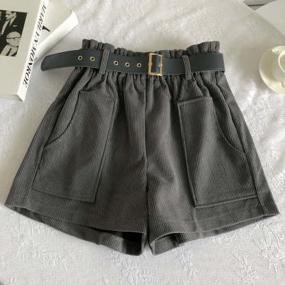 Women Corduroy Casual Straight Shorts With Belt-Soco Hoodie