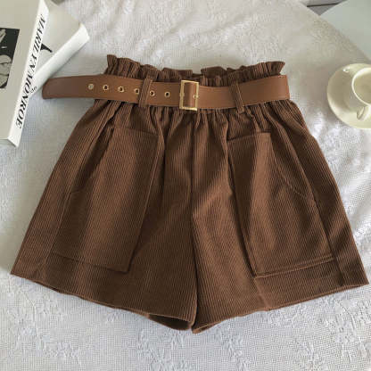 Women Corduroy Casual Straight Shorts With Belt-Soco Hoodie