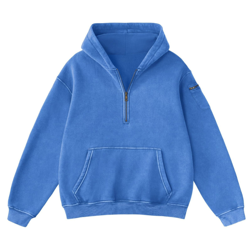 Oversized Half Zip Hoodie With Washed Finish And Kangaroo Pocket For Women