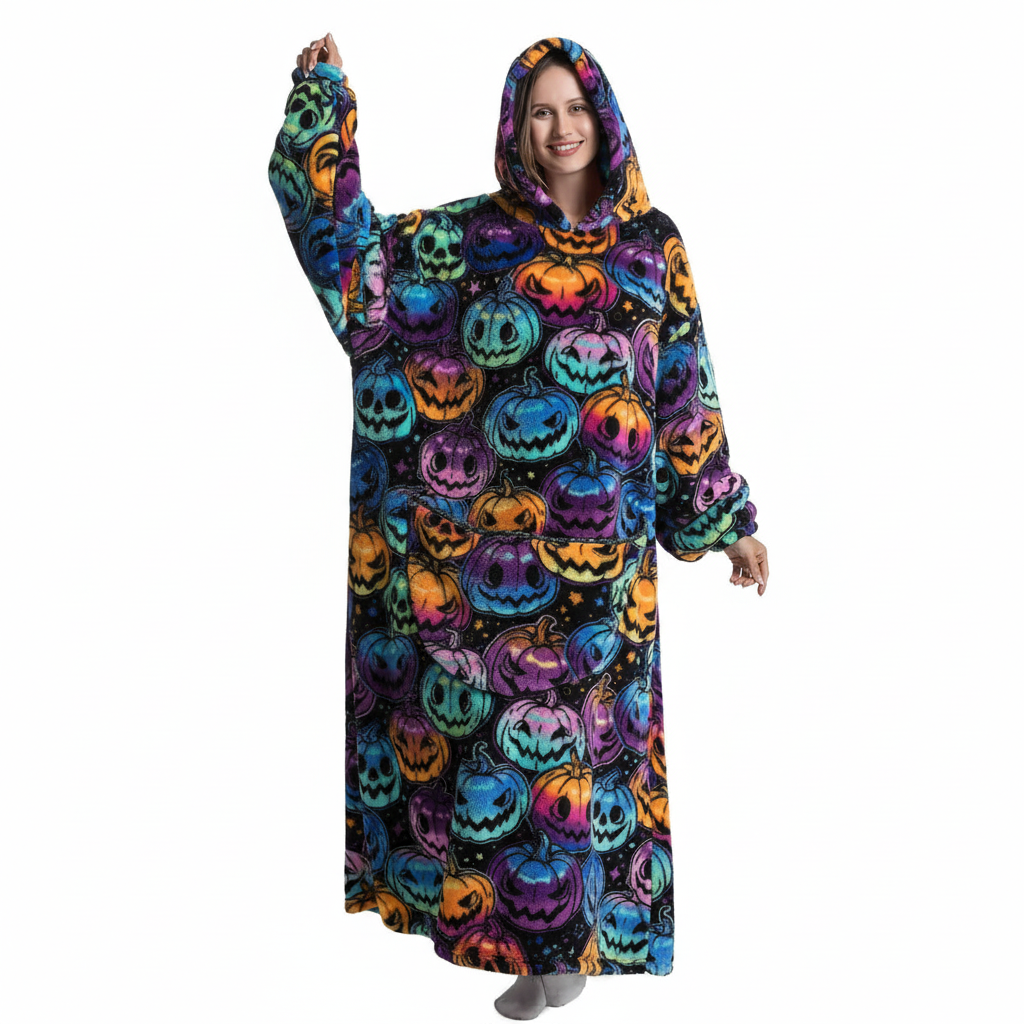 Oversized Pumpkin Print Wearable Hooded Blanket Hoodie