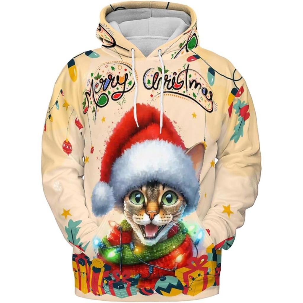 Christmas Cat Twinkling Lights All Over Print 3D Hoodie