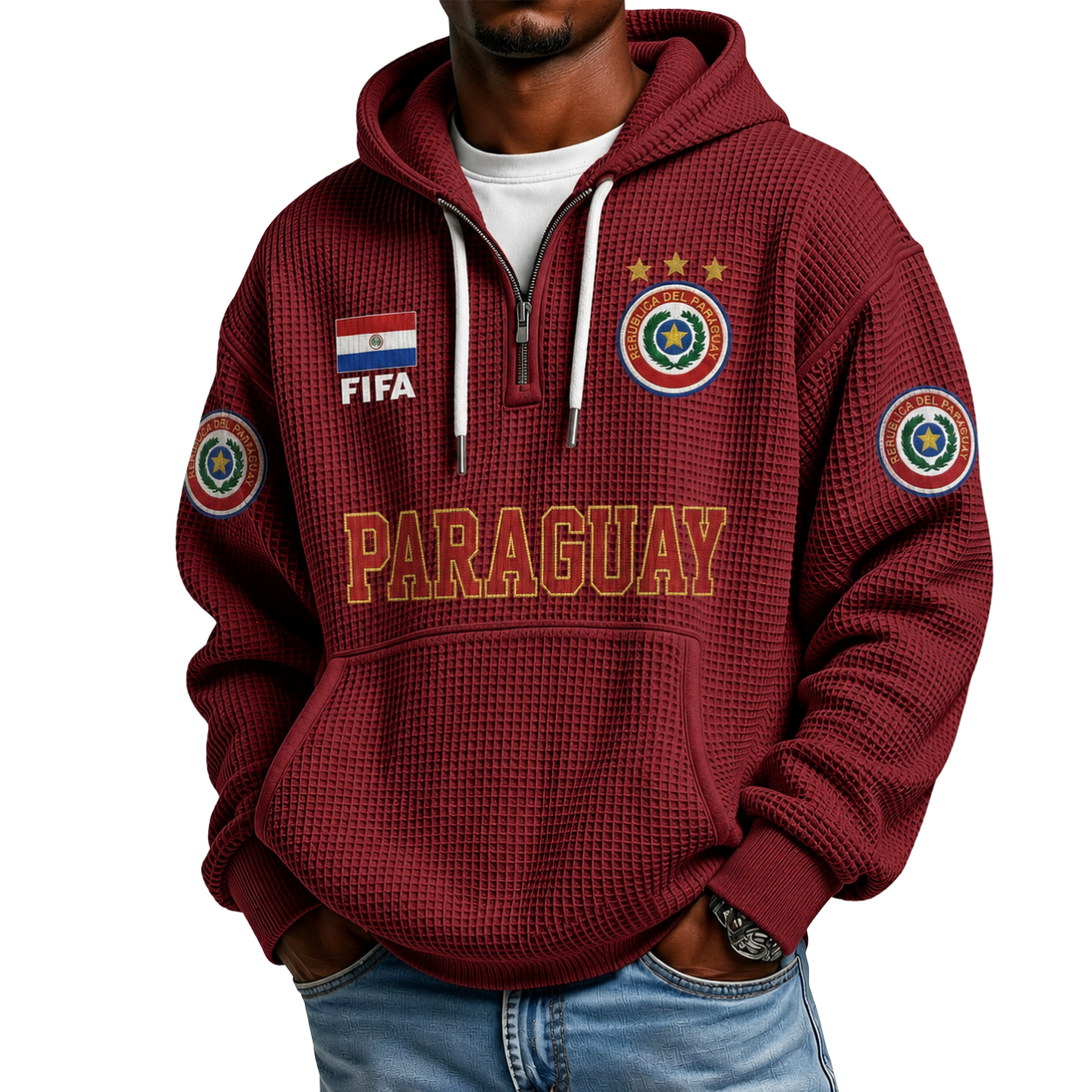 FIFA 2026 Paraguay Printed Waffle Quarter Zip Football Fan Hoodie