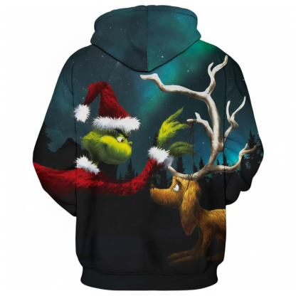 Christmas Pullover Hoodie With Santa And Deer Graphic