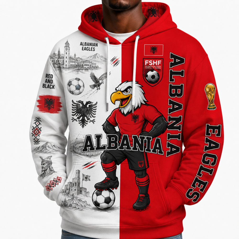 Albania Football Themed All Over Printed Hoodie