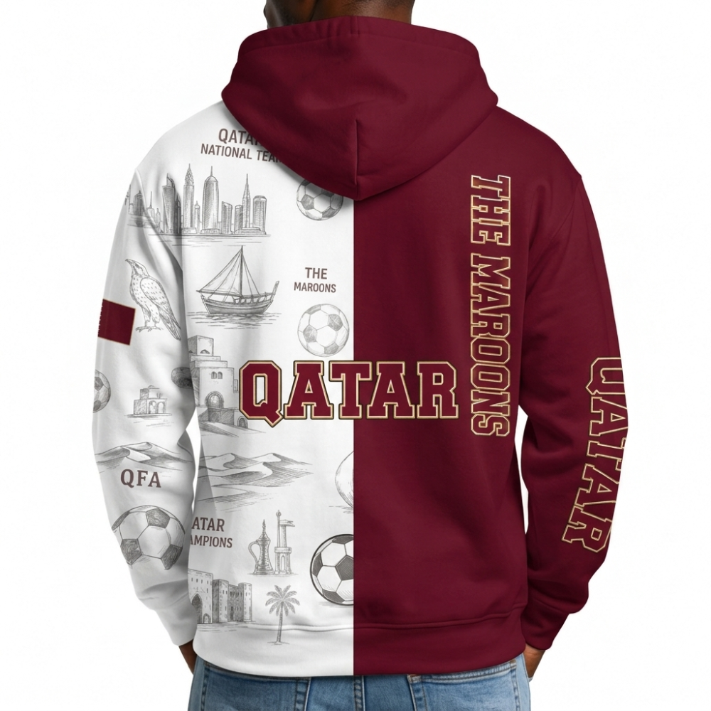 Qatar Football Themed All Over Printed Hoodie