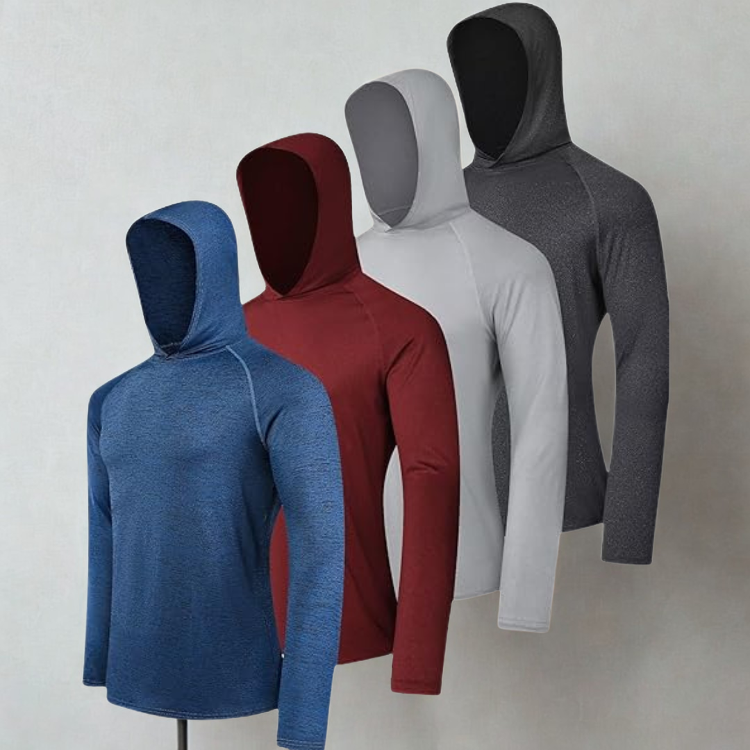 Men UPF 50 Long Sleeve Sun Protection Hoodie Athletic Fishing Shirt with UV Shield and Rash Guard Design