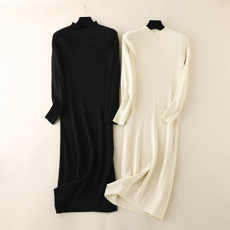 Mock Neck Slim A-Line Sweater Dress-Soco Hoodie