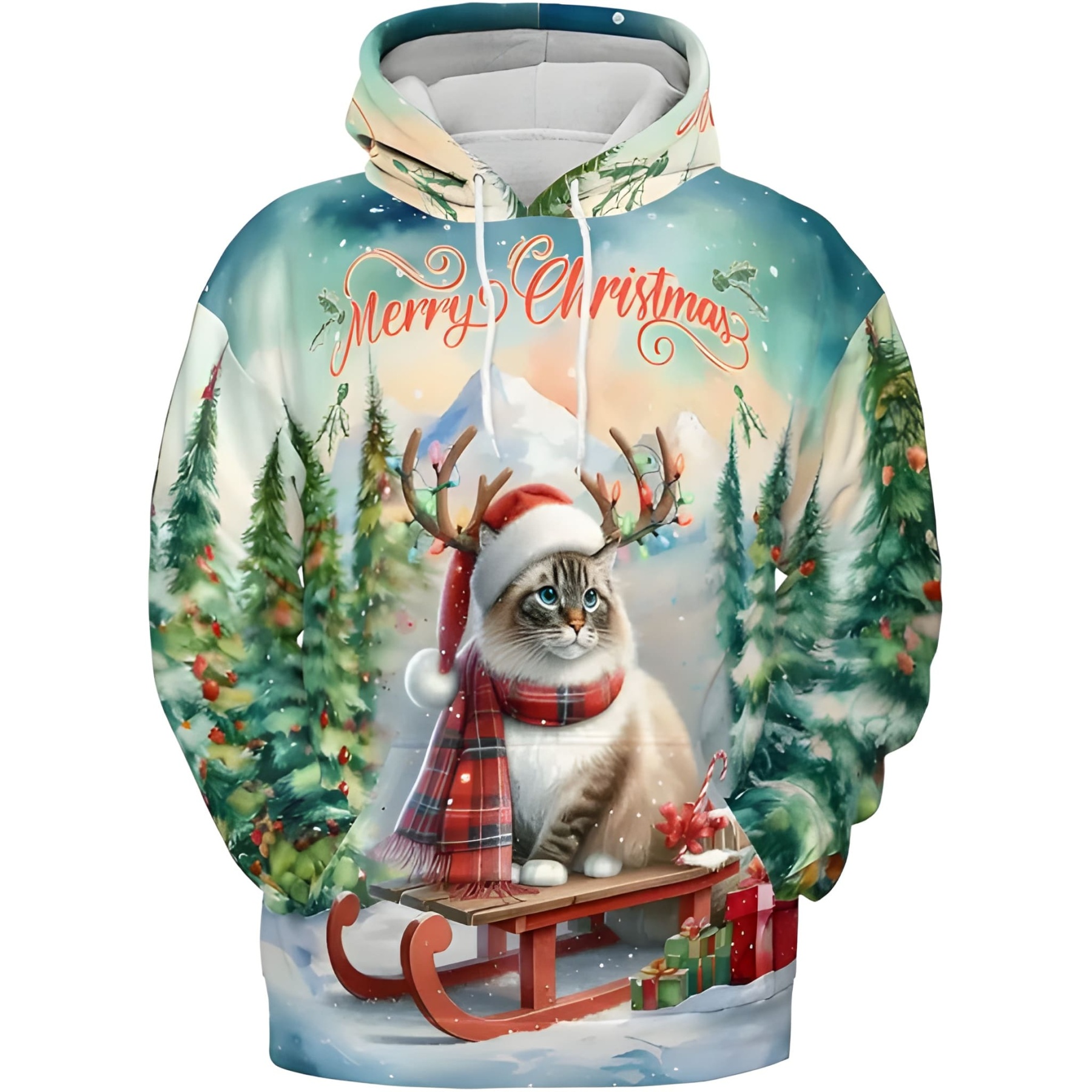 Merry Christmas Cat Reindeer Antler Hoodie Sweatshirt