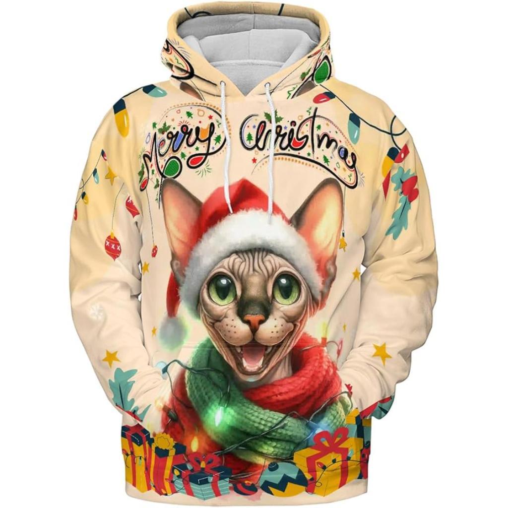 Christmas Cat Twinkling Lights All Over Print 3D Hoodie