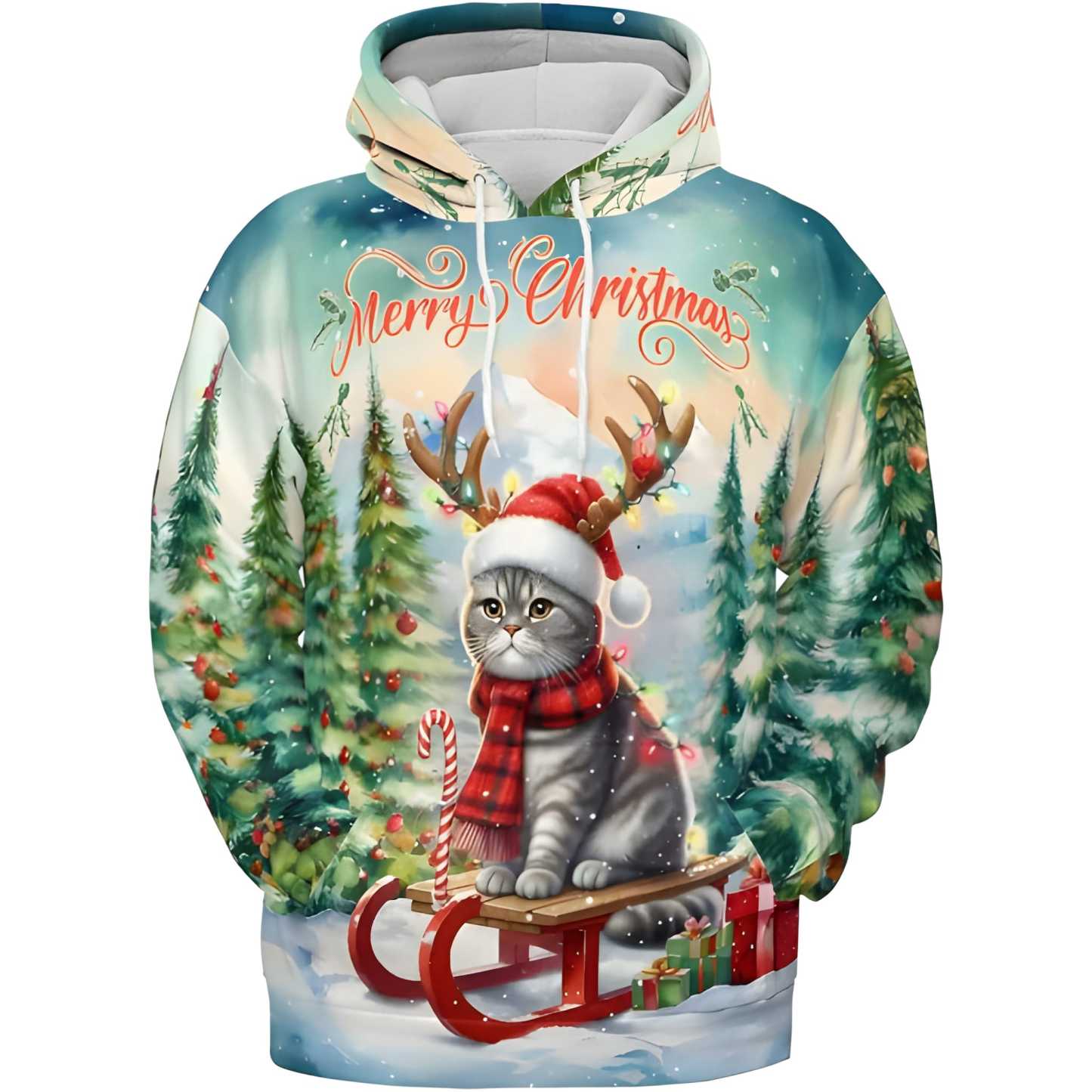 Merry Christmas Cat Reindeer Antler Hoodie Sweatshirt