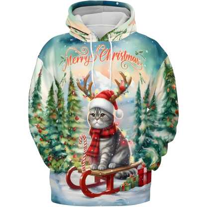 Merry Christmas Cat Reindeer Antler Hoodie Sweatshirt