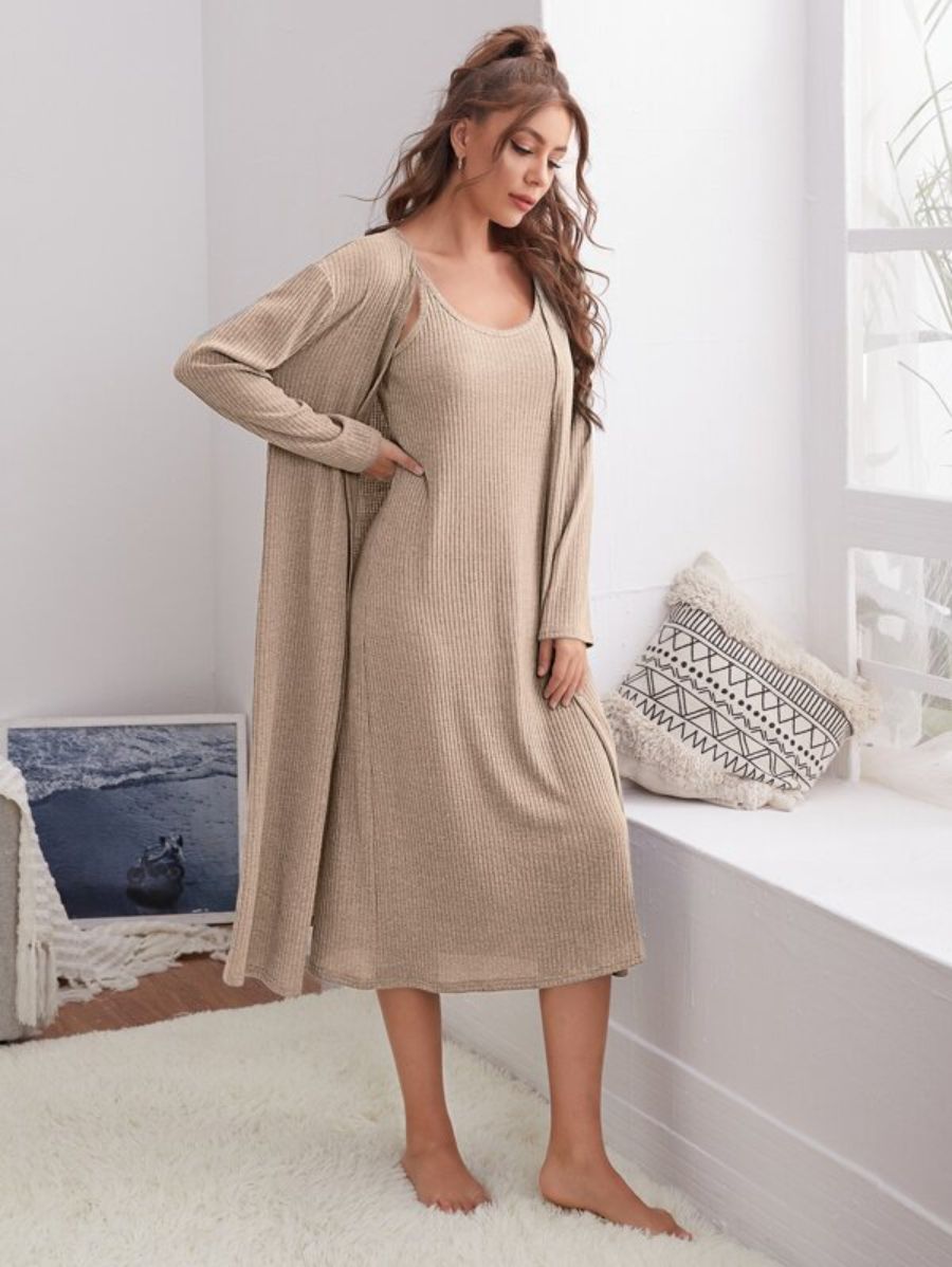 Rib Knit Cami Dress And Robe Lounge Set-Soco Hoodie