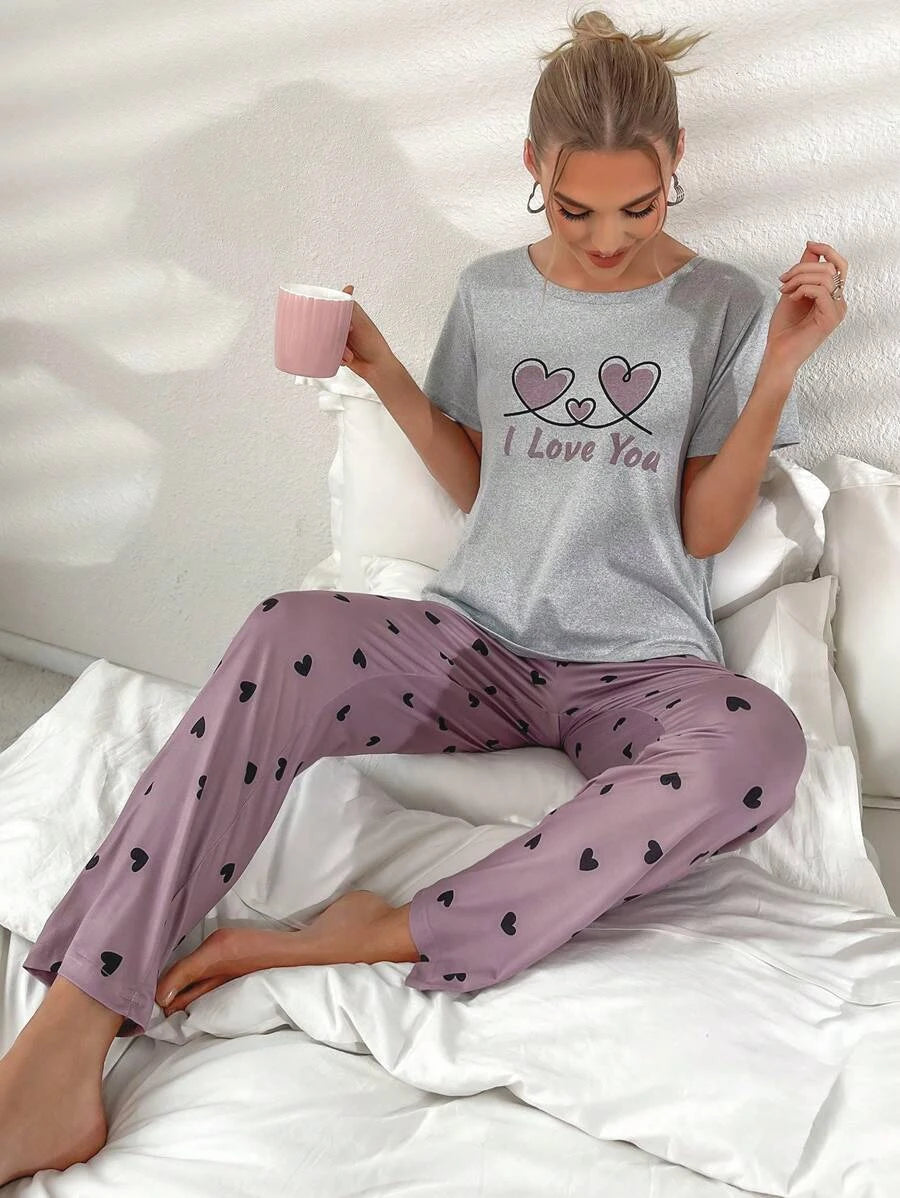 Letter Graphic Tee And Pants Slight Stretch Set-Soco Hoodie