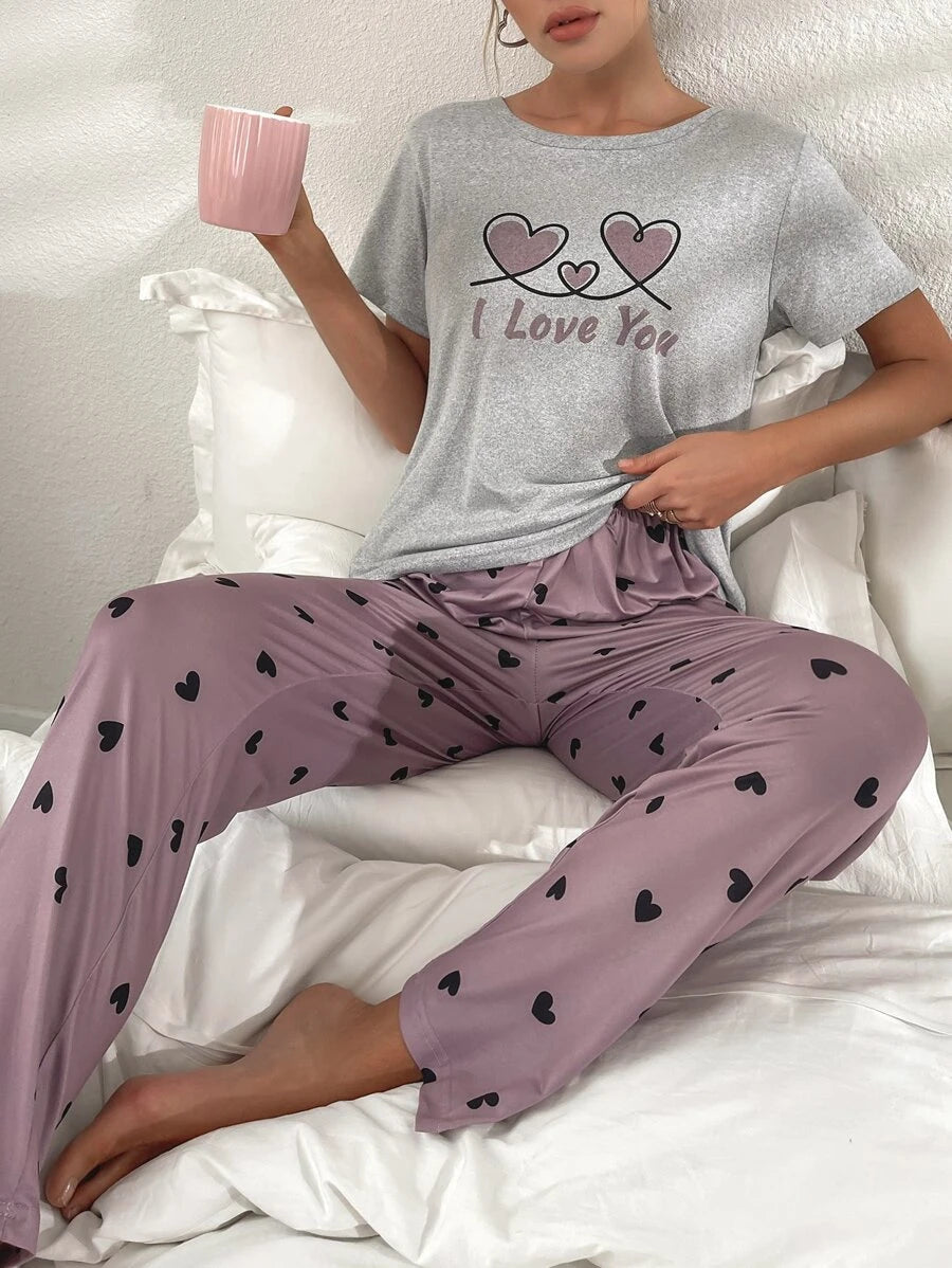 Letter Graphic Tee And Pants Slight Stretch Set-Soco Hoodie
