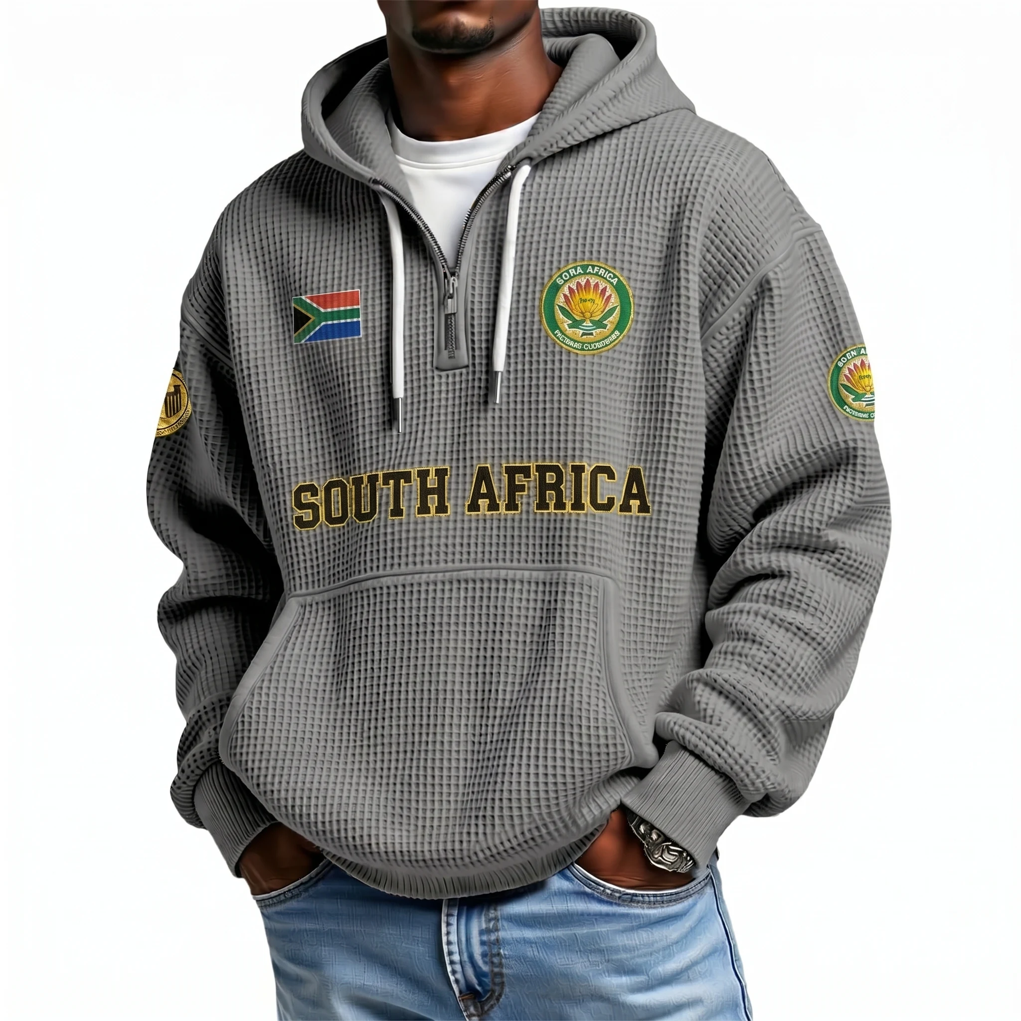 South Africa Printed Waffle Quarter Zip Football Fan Hoodie