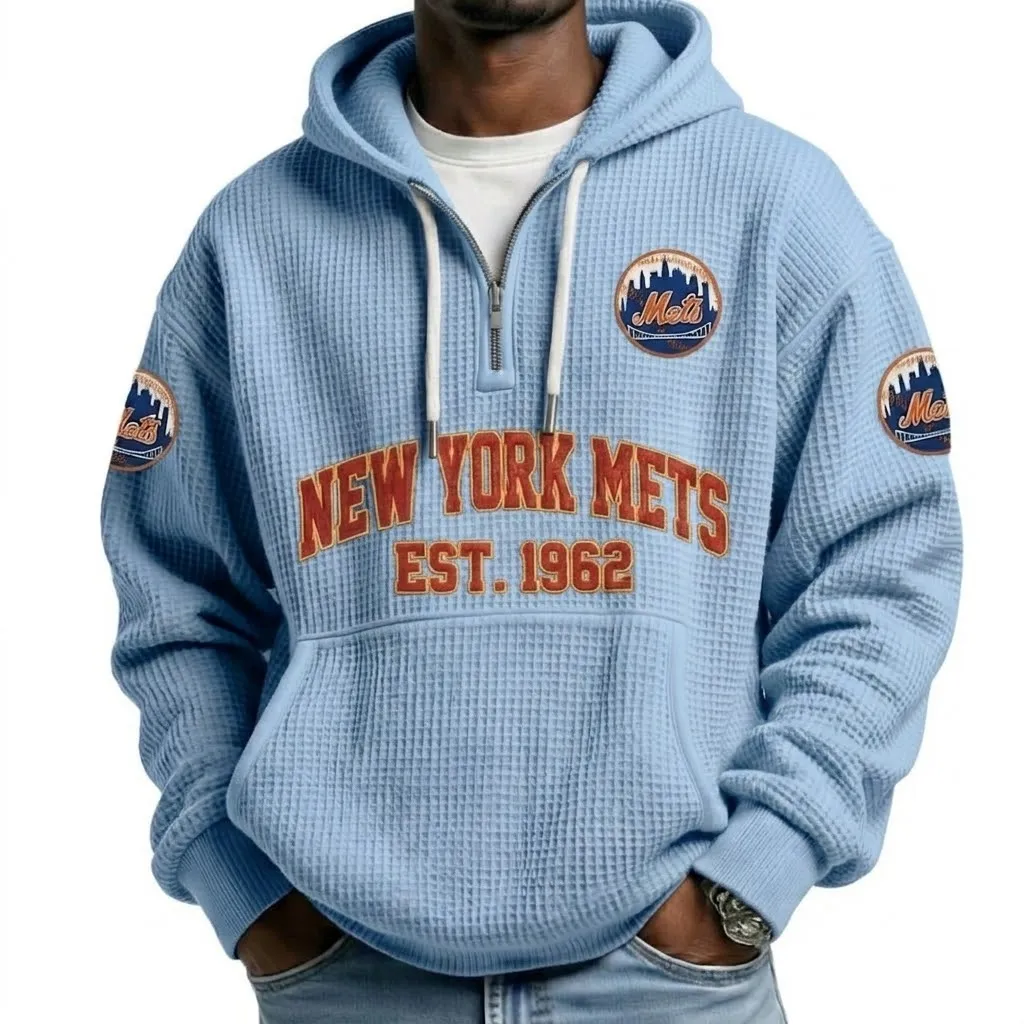 New York Mets EST 1962 Printed Waffle Quarter Zip Baseball Fan Hoodie