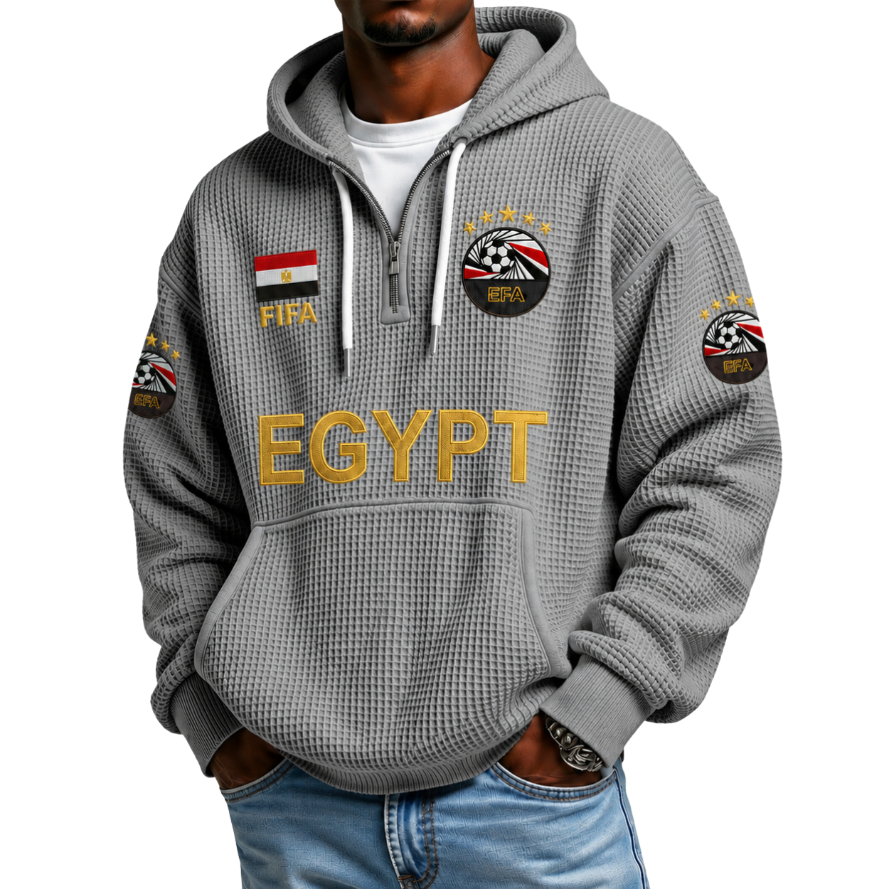 FIFA 2026 Egypt Printed Waffle Quarter Zip Football Fan Hoodie