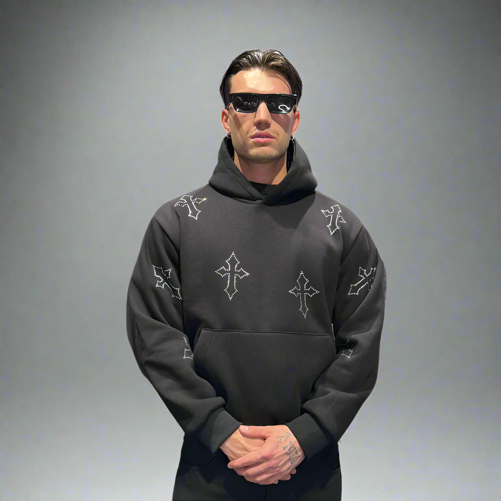 Crystal Cross Embellished Hoodie Black