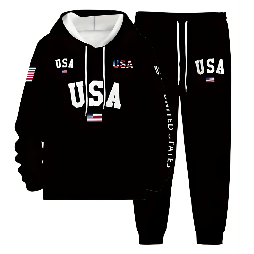 USA Letter Print Hoodie And Joggers Set For Men