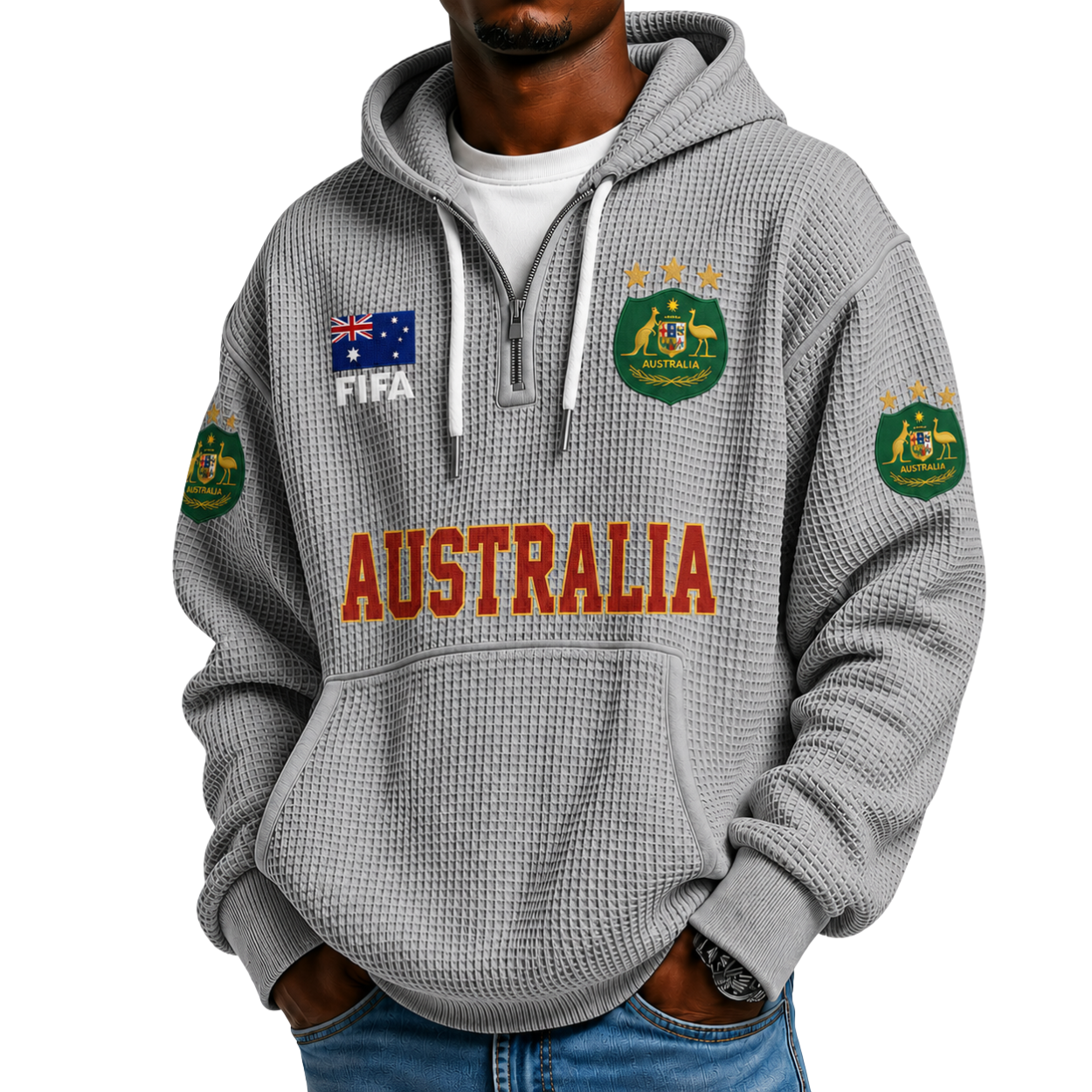 FIFA 2026 Australia Printed Waffle Quarter Zip Football Fan Hoodie