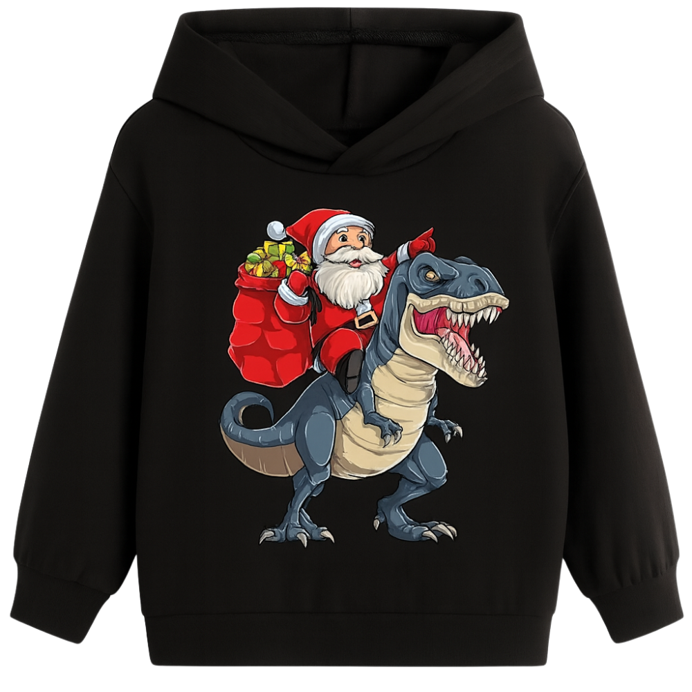 Christmas Hoodie With Santa Riding Dinosaur Print For Kids