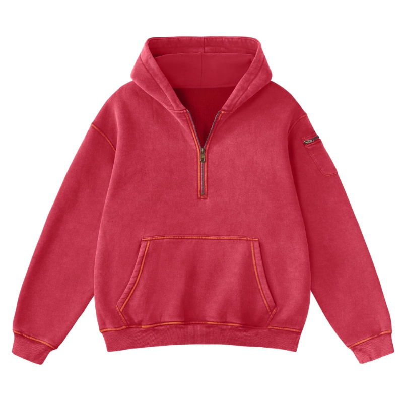 Oversized Half Zip Hoodie With Washed Finish And Kangaroo Pocket For Women