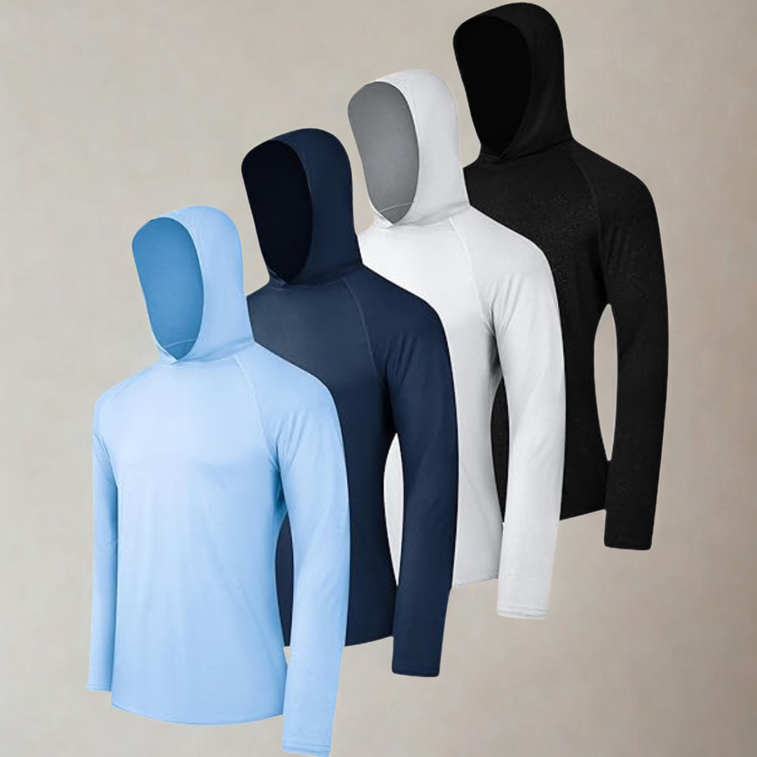 Men UPF 50 Long Sleeve Sun Protection Hoodie Athletic Fishing Shirt with UV Shield and Rash Guard Design