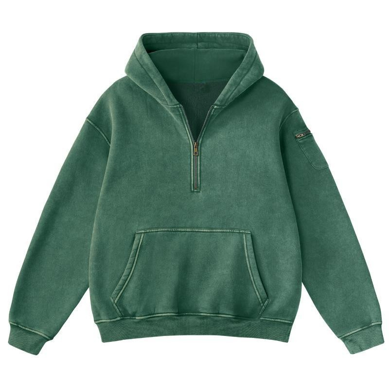 Oversized Half Zip Hoodie With Washed Finish And Kangaroo Pocket For Women