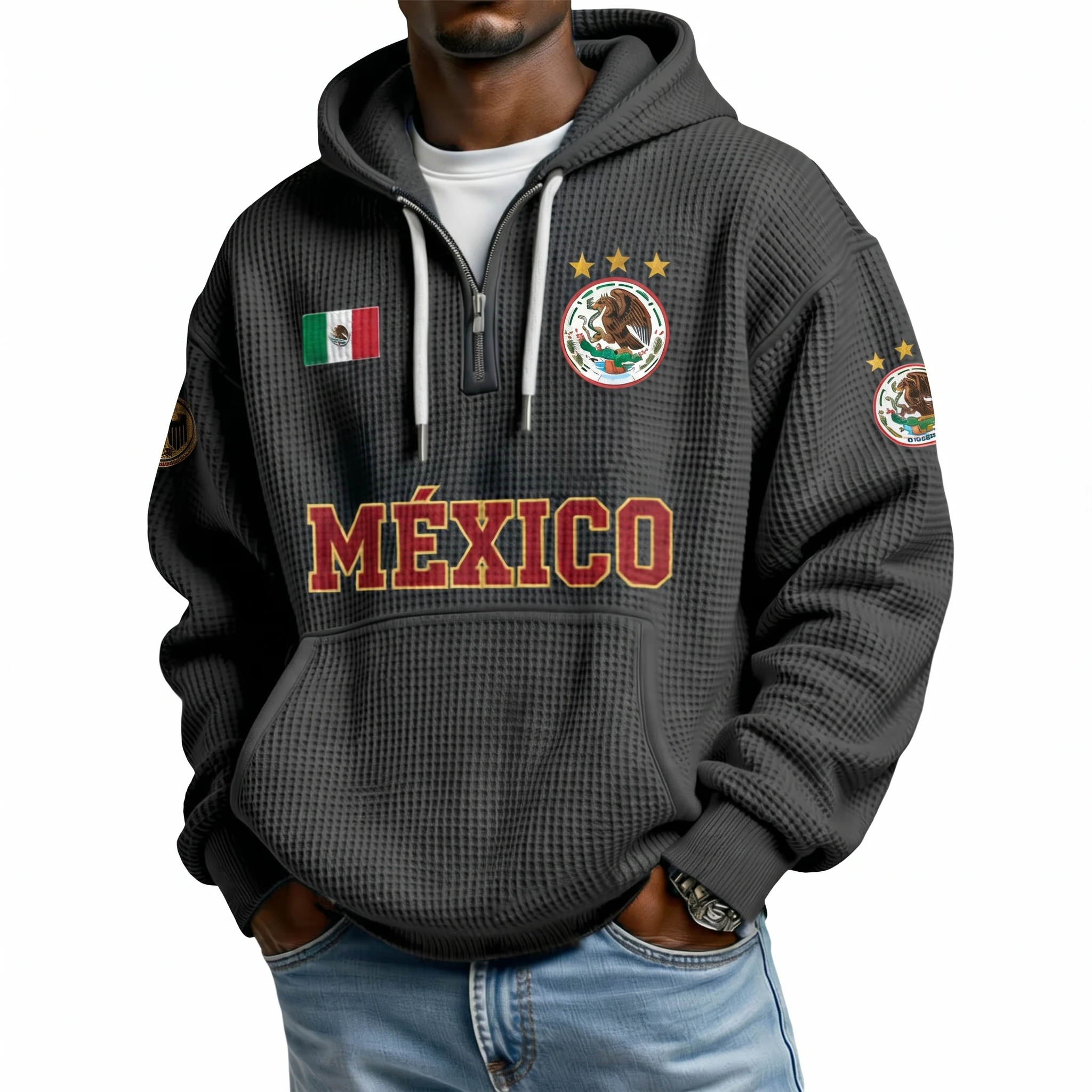 Mexico Printed Waffle Quarter Zip Football Fan Hoodie