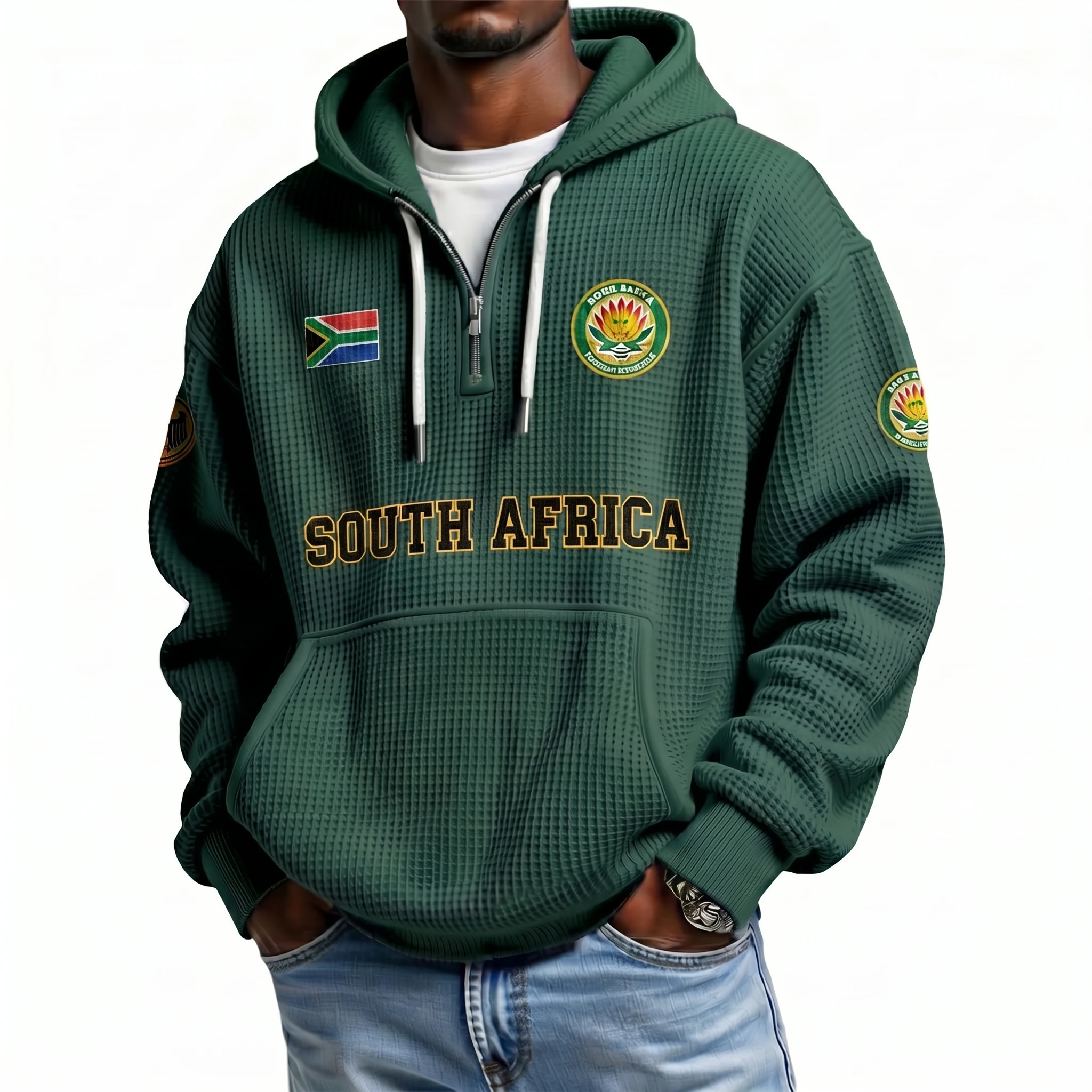 South Africa Printed Waffle Quarter Zip Football Fan Hoodie